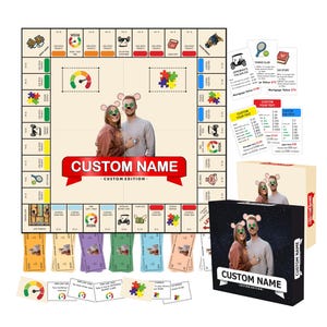 May include: A custom board game set with a personalised board displaying "CUSTOM NAME" in a red banner. The set includes cards, play money, and a box with a photo of a couple. The game board is beige with colourful game spaces.
