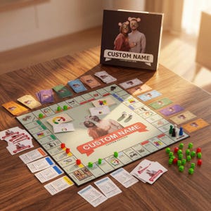 May include: A custom edition board game with a personalized box featuring a couple with mouse ears. The game board is surrounded by cards, dice, and game pieces. The text "CUSTOM NAME" is prominently displayed.