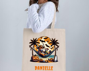 Bolsa de tela de vaca de las Tierras Altas de Halloween: ambiente playero espeluznante, personalizada