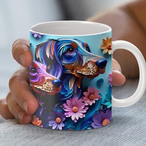Dachshund Dogs and Flowers 3D Mug Wrap, Digital Download PNG, Quilled Paper Art, 11 and 15 oz Mug Design, Colorful Dog Art