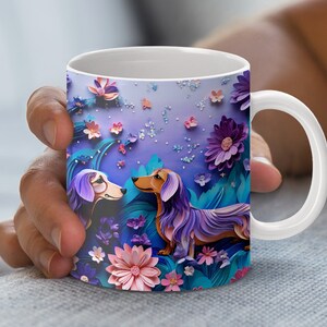Design coloré 3D pour emballage de tasse, design de tasse d'art en papier piquant, adorable chien et motif floral, fichier PNG en téléchargement numérique