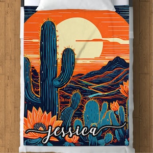 Personalized Fleece Blanket: Cactus Desert Sunset Design