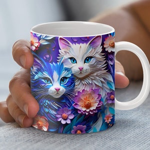Cat Lovers 3D Mug Wrap, Quilled Paper Art Design, Digital Download PNG, 11 and 15 oz Mug Design, Colorful Floral Cat Art