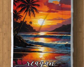 Manta polar personalizada con diseño de atardecer en la playa: decoración tropical