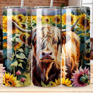 Highland Cow Sunflower Field Tumbler, 20 oz Skinny Tumbler Sublimation Design, Straight and Tapered Wrap,,Instant download