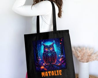 Colorful Owl Art Print Tote Bag, Personalized Cotton Canvas