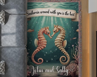 Gepersonaliseerde geweven deken Seahorse Couple, plaid oceaanthema