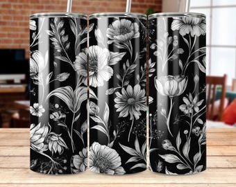 Floral Tumbler Wrap: Black and White Elegant Design (Digital Download)