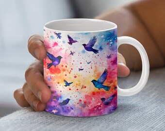 Watercolor Birds Mug Wrap: Colorful Art, 11oz & 15oz (Digital Download)