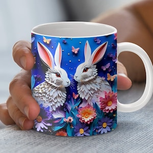 Bunny Mug Design, Quilled Paper Art Mug Wrap, 3D Mug Wrap Digital Download, 11 and 15 oz Mug Wrap PNG, Rabbit and Flowers Art