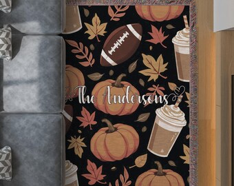 Personalized Autumn Woven Blanket: Pumpkins, Footballs, Fall Leaves