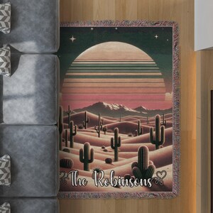 Custom Sunset Cactus Woven Blanket: Personalized Desert Landscape Throw