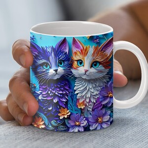 Emballage de tasse 3D art chat lunatique, conception de papier piquants colorés, téléchargement numérique PNG, cadeau pour amoureux des chats bleu et orange, 11 & 15 oz