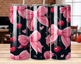 Diseño de sublimación de vaso con lazos rosas y cerezas (patrón digital)
