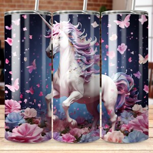 Betoverde eenhoorn met bloemen en vlinders sublimatieontwerp, 20 oz mager sublimatieontwerp beker, rechte en taps toelopende omslag