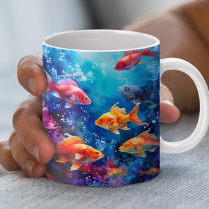 Colorful Fish Mug Wrap Design, Watercolor Fish Mug Design, Vibrant Underwater Scene, Koi Fish Illustration, Digital Download PNG