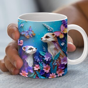 Floral Ferrets Butterfly Mug Wrap, 3D Quilled Paper Art Design, 11 and 15oz Mug Digital Download, Whimsical Animal Mug PNG