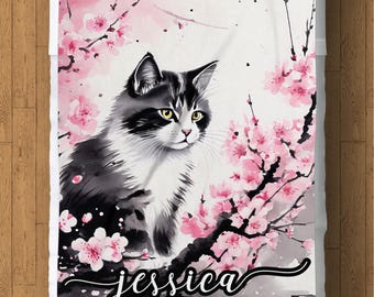 Manta polar personalizada con diseño de gato en acuarela: regalo para amantes de las mascotas con estampado de flor de cerezo