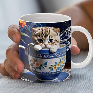Cute Cat in Teacup Illustration, 11oz and 15oz Mug Template, Mug Sublimation Design, Mug Wrap Template, Instant Digital Download PNG