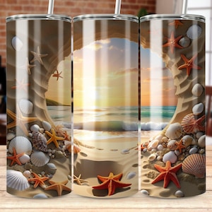 May include: A stainless steel tumbler with a beach scene design. The design features a sandy beach with seashells, starfish, and a sunset over the ocean. The tumbler has a straw and is suitable for cold drinks.