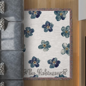 Custom Blue Floral Blanket, Personalized Watercolor Flower Throw, Unique Floral Bedding, Cozy Custom Gift, Blue Flowers Blanket