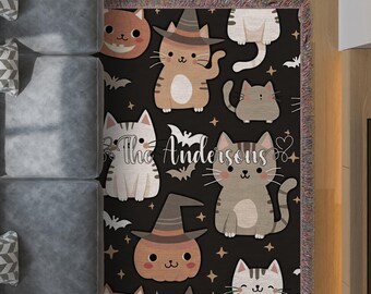 Halloween Cats Woven Blanket, Personalized Spooky Gift