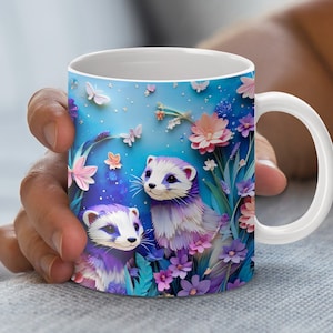 Ferret Mug Wrap Design, 11 and 15 oz Mug Wrap, Quilled Paper Art Ferrets, Digital Download PNG File, Floral Ferret Mug Wrap