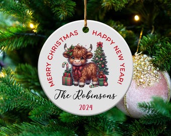 Adorno navideño personalizado de vaca de las Tierras Altas: recuerdo de cerámica con nombre personalizado