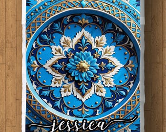 Manta polar personalizada: Manta floral azul y dorada, ropa de cama acogedora
