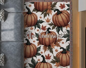 Personalized Woven Blanket, Autumn Pumpkin Design, Cozy Fall Decor