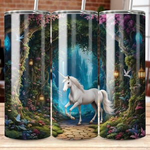 Enchanted Unicorn Forest Tumbler Wrap Design, mystieke magische wezenskunst, naadloze digitale download voor sublimatie, 20 oz magere beker