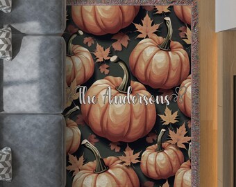 Personalized Pumpkin Cotton Woven Blanket, Autumn Leaves Throw