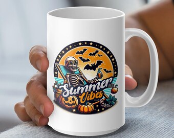 Skeleton Beach Mug Wrap: Summer Vibes Halloween Design (Digital Download)