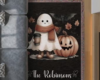 Personalized Halloween Woven Blanket, Ghost, Pumpkin, Cozy Fall Decor