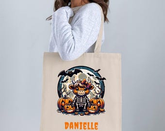Bolsa de tela de vaca de Halloween, diseño de calabaza espeluznante, regalo personalizado