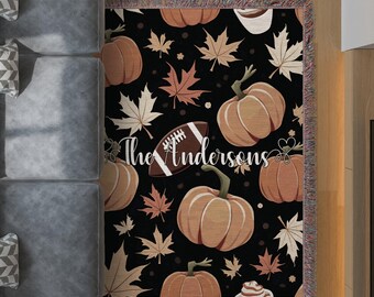 Pumpkin Football Fall Decor Woven Blanket, Personalized Autumn Throw