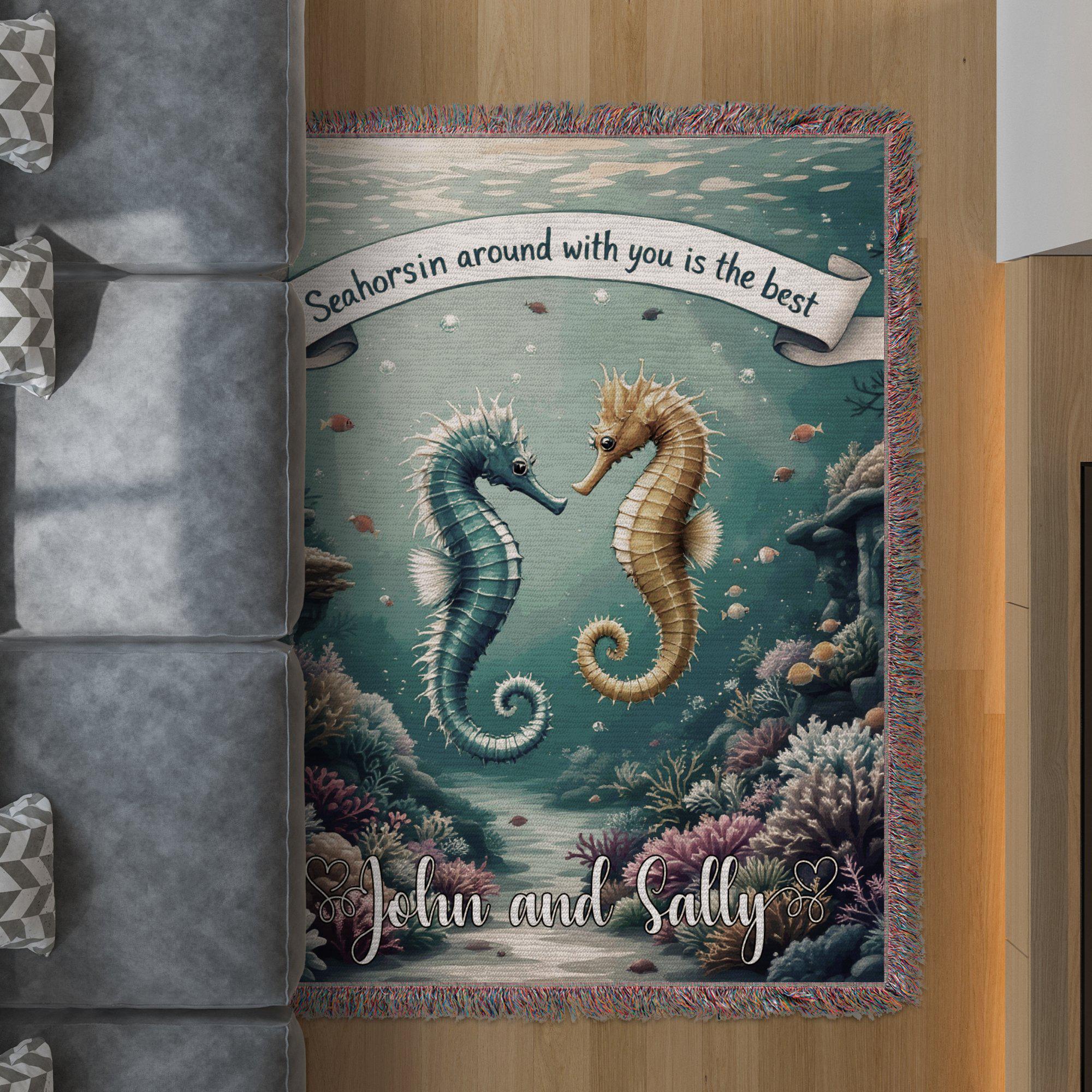 Seahorse Woven Blanket: Custom Underwater Decor, Cozy Cotton Throw