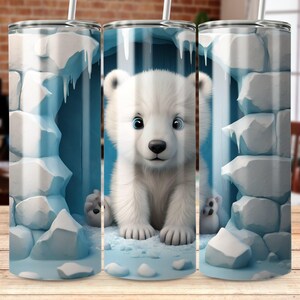 May include: A white polar bear cub peeks out from an ice cave. The cave is made of blue and white ice with a textured surface. The image is suitable for a tumbler or mug.