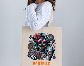 Custom Gothic Skull Tote Bag, Day of the Dead Art, Personalized Accessory