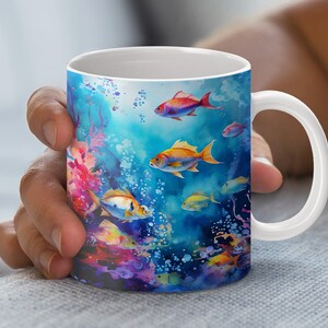 Tropical Fish Watercolor Mug Wrap, 11oz 15oz Mug Design, Digital Download PNG, Underwater Scene, Colorful Ocean Art, Sea Life Illustration