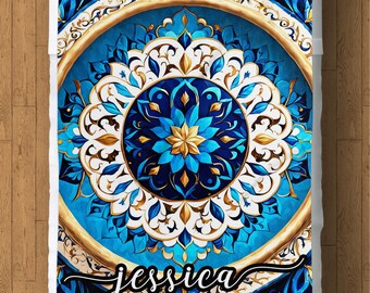 Manta polar personalizada: Mandala boho azul y dorado