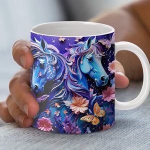 Whimsical Mug Wrap Set, Quilled Paper Art, Horses Butterflies Design, Digital Download for 11 & 15oz Mugs