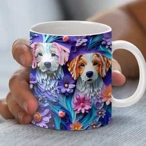 3D Dog Lovers Mug Wrap PNG, Digital Mug Design for 11 and 15oz, Floral Dog Print, Instant Download, Dog Lover Gift, Cute Dog Mug Art