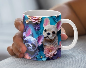 Diseño floral para envolver tazas de bulldog francés: PNG de 11 oz y 15 oz (descarga digital)