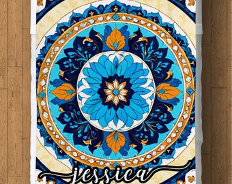Manta polar personalizada: Manta de mandala azul y naranja