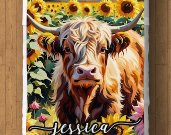 Manta polar personalizada de vaca de las Tierras Altas: decoración de girasol, regalo acogedor