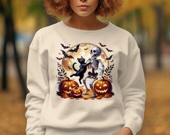 Gruseliges Halloween Sweatshirt, Skelett Katze Vollmond Design