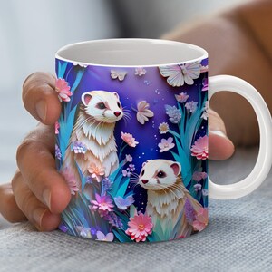 Ferret Quilling Art Mug Wrap, Digital Download, 3D Mug Design, 11 and 15 oz, Paper Craft Ferrets in Flowers, PNG File