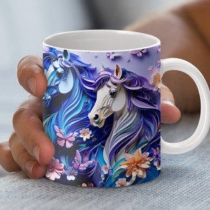 Equestrian Mug Wrap with Quilled Flowers, 3D Design, Butterfly Art, Instant Download, Colorful PNG