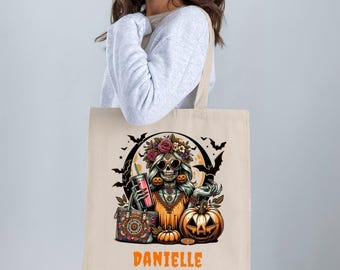 Gothic Sugar Skull Tote Bag, Floral Day of the Dead Design, Halloween Pumpkin